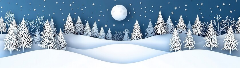 Obraz premium Snowy winter landscape with evergreen trees under a bright moon and starry sky.
