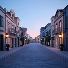 Obraz premium A serene street scene at twilight with charming buildings and soft lighting.