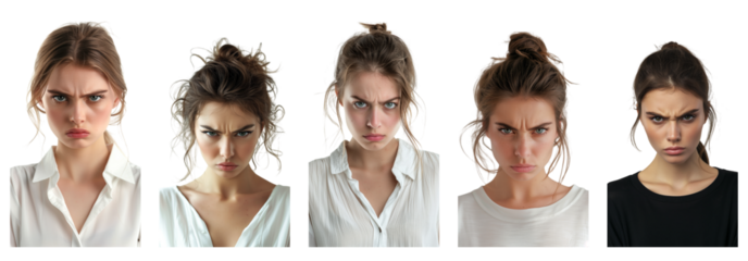 Portrait of young beautiful white woman with angry expression, isolated on transparent background, generative ai