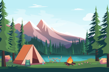 Cartoon Color Summer Camp Concept Tent, Mountain and Lake Landscape Scene Flat Design Style. Vector illustration