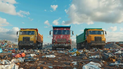 Rendering of a landfill with waste management trucks flat design front view environmental impact theme 3D render Triadic Color Scheme