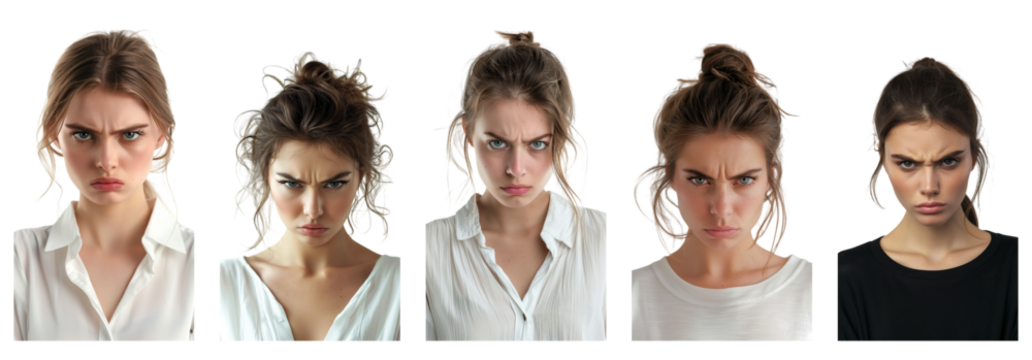 Portrait of young beautiful white woman with angry expression, isolated on transparent background, generative ai