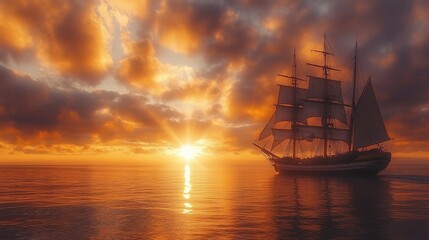 Obraz premium A majestic sailing ship glides across the ocean as the sun sets, casting a warm glow over the water and sky.