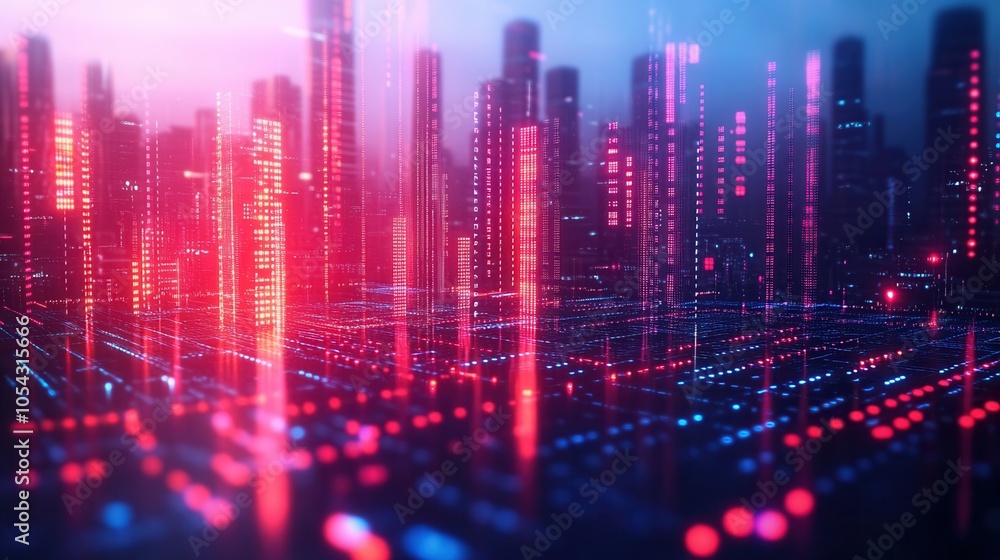 Poster vibrant digital cityscape showcasing glowing skyscrapers with colorful lights and intricate data lin