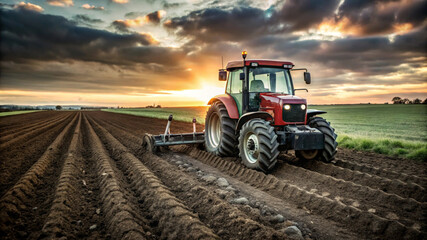 Obraz premium Tractor Working in Field at Sunset