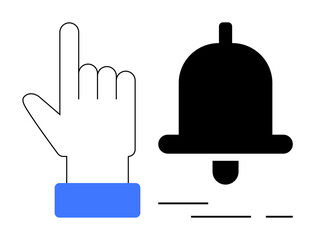 Obraz premium Hand icon with a blue cuff pointing to a black bell symbol representing notifications. Ideal for app interfaces, website alerts, UI UX design, reminders, user engagement, push notifications