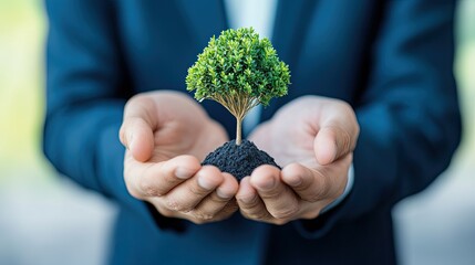 A business person gently holds a small tree, symbolizing growth, sustainability, and environmental responsibility.