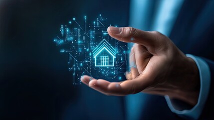 A businessman holding a digital home icon representing modern technology and real estate innovation in a futuristic setting.