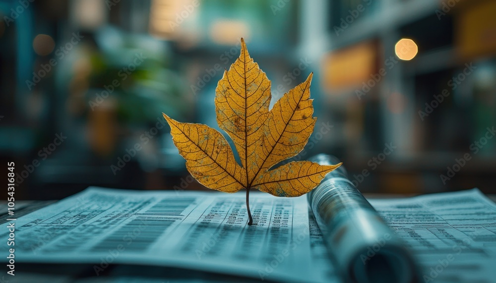 Aufkleber a single dried leaf resting on a stack of papers