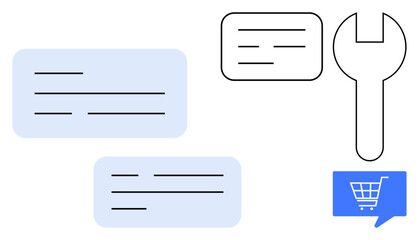 Text boxes in various sizes accompanied by a wrench and shopping cart icon, symbolizing communication, technical support, and shopping. Ideal for customer service, technical assistance, online