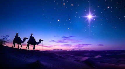 Fototapeta premium Night scene with the three magi on camels, following the glowing star of Bethlehem, carrying treasures for baby Jesus, peaceful desert sky
