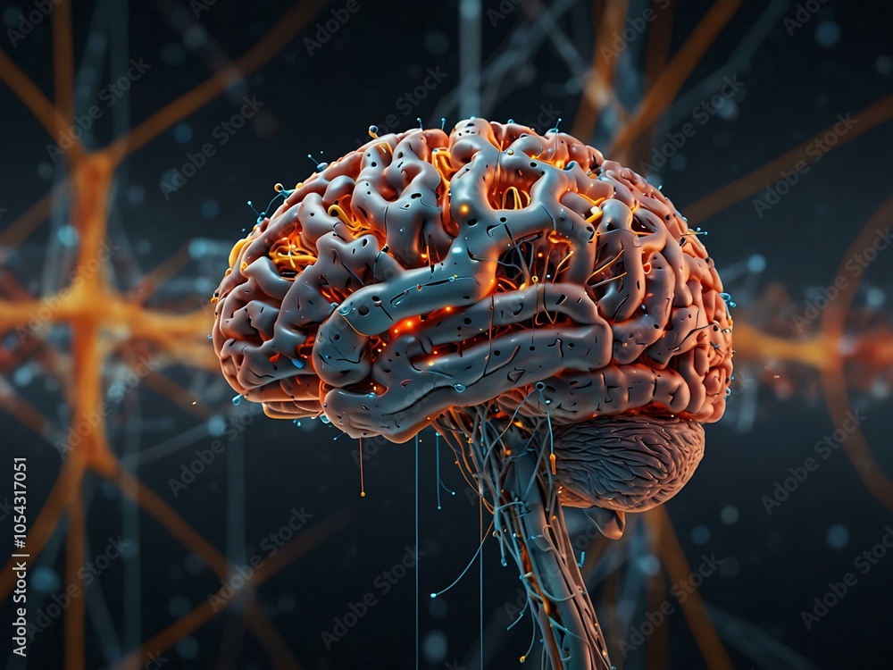 Poster 3d rendering of a human brain's neural network representing ai and machine learning.