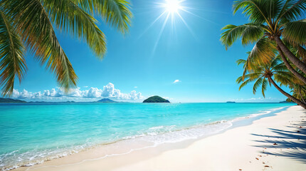 Pristine tropical beach paradise with turquoise ocean waters, swaying palm trees and white sandy shoreline under bright sunny sky, perfect summer vacation landscape