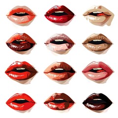 Red lips illustration on white background with lipstick and smile elements