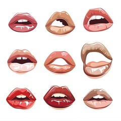 Red lips illustration on white background with lipstick and smile elements