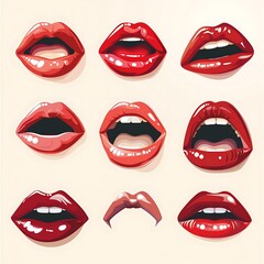Red lips illustration on white background with lipstick and smile elements