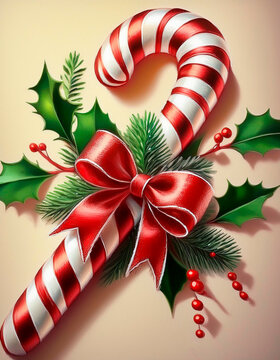 Bastones de navidad atados con un mo&ntilde;o rojo.