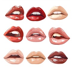 Red lips illustration on white background with lipstick and smile elements
