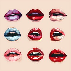 Red lips illustration on white background with lipstick and smile elements