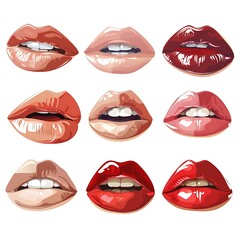Red lips illustration on white background with lipstick and smile elements