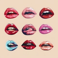 Red lips illustration on white background with lipstick and smile elements