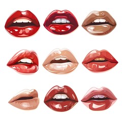 Red lips illustration on white background with lipstick and smile elements