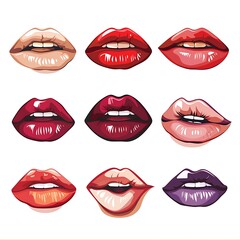 Red lips illustration on white background with lipstick and smile elements