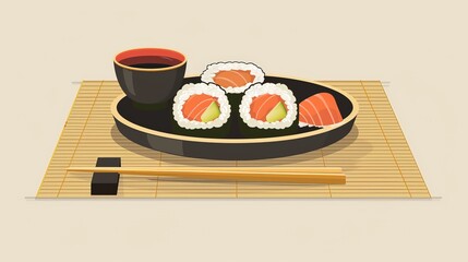 Rendering of a sushi platter on a bamboo mat flat design front view Japanese dining theme cartoon drawing Monochromatic Color Scheme