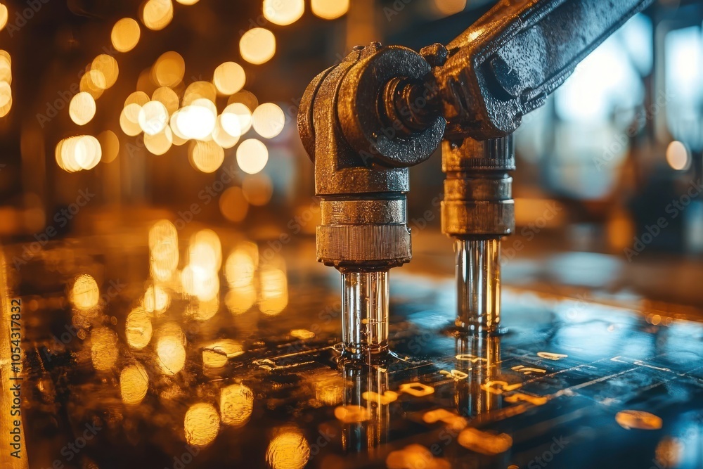 Poster closeup of industrial robotic arm with reflections and bokeh lights