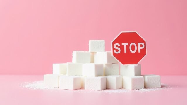 Stop sugar consumption: red sign on sugar cubes against pink background