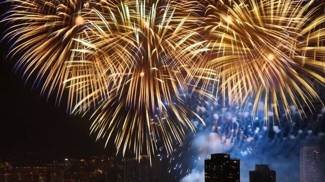 Celebrate in style with this 4K loop of a dazzling New Year's Eve fireworks display. Featuring real fireworks that shimmer and glow, this vibrant background captures the excitement of a festive celebr