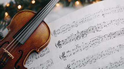 Naklejka premium Violin on a sheet music with notes, soft lights blurred in the background.