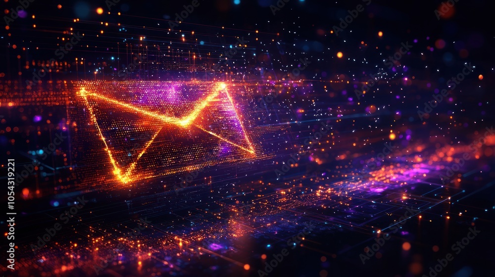 Poster Glowing Digital Mail Envelope in a Network of Lights
