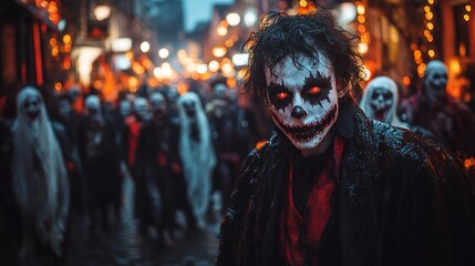 A man in a scary clown costume with red eyes leads a crowd of costumed people through a city street at night during Halloween.