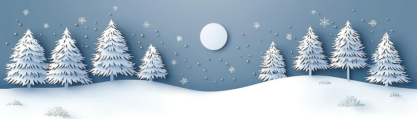Obraz premium Winter landscape with snow-covered trees under a night sky full of stars and a large moon.