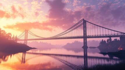 Obraz premium A modern suspension bridge crossing a wide river, sunset casting warm light on the structure