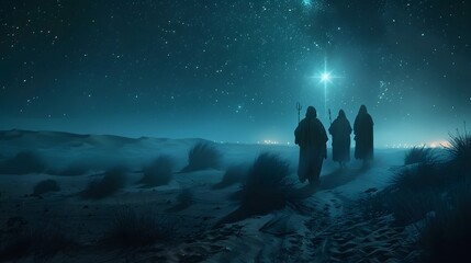 Obraz premium The three kings walking under a luminous star, holding gold, frankincense, and myrrh, the desert lit softly by moonlight