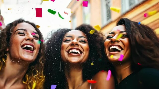 Black Brazilian women at Brazilian carnival. Confetti flying in the air.
