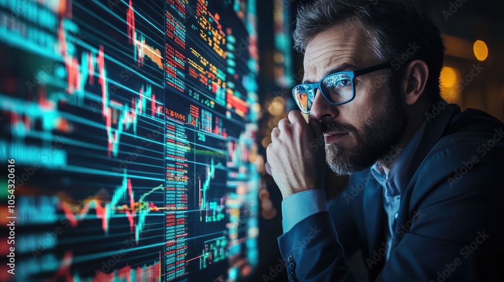 Poster a focused man analyzing market data on multiple screens, showcasing determination and attention in f