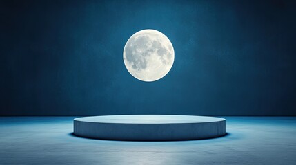 A full moon illuminates a modern stage, creating a serene atmosphere with a captivating blue backdrop.