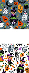 Seamless pattern of Halloween characters, Children with funny and scary witch, owl and pumpkin background