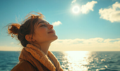 Young woman with closed eyes soaking in the sunlight by the ocean, feeling relaxed and peaceful on a clear day.
