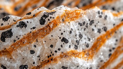 Fototapeta premium Close-up of a white and orange banded rock with black specks.