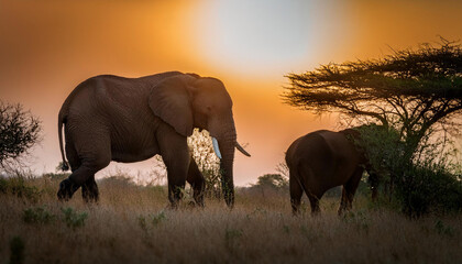 Fototapeta premium two elephants walking in front of a sunset in the savannah