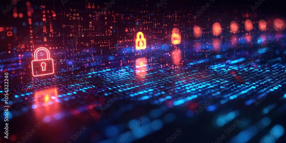 Poster abstract digital security concept with red lock icon and blue and red lights
