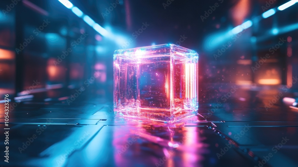Poster a luminous cube emits vibrant colors, creating a captivating visual effect in a futuristic digital s
