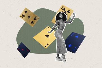 Trend artwork 3D sketch image photo collage of young woman silhouette dance celebrate win card play...