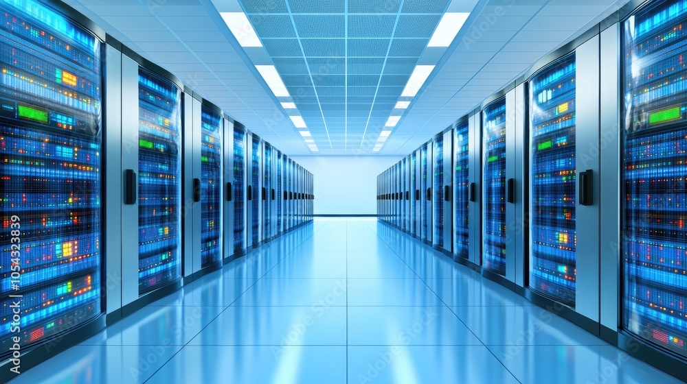 Poster a modern data center with rows of server racks illuminated by blue lighting, showcasing advanced tec