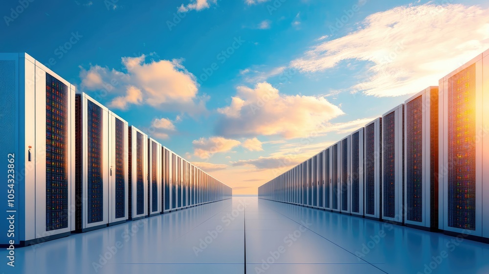 Poster a modern data center showcasing rows of server cabinets under a vibrant sky, emphasizing technology 