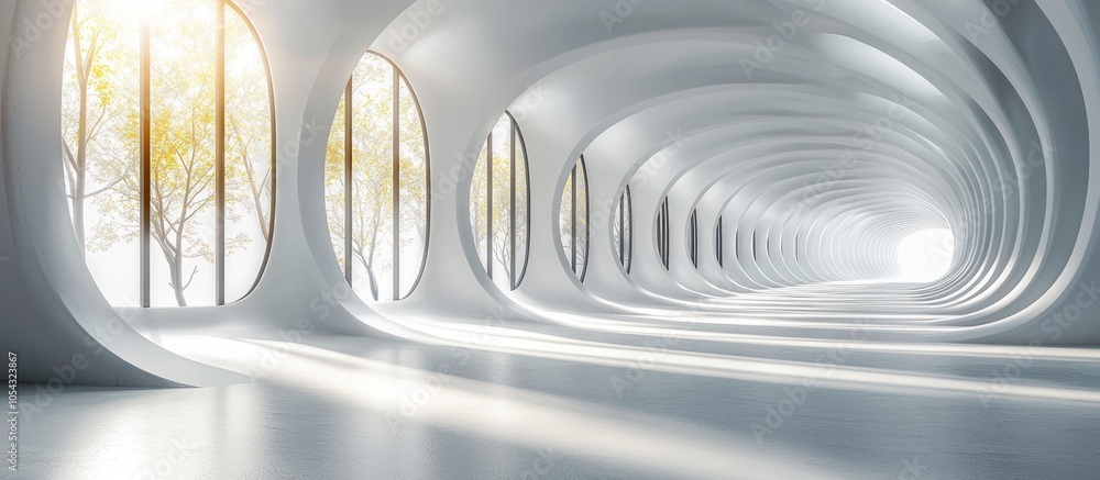 Poster white curved hallway with sunlight and trees through windows